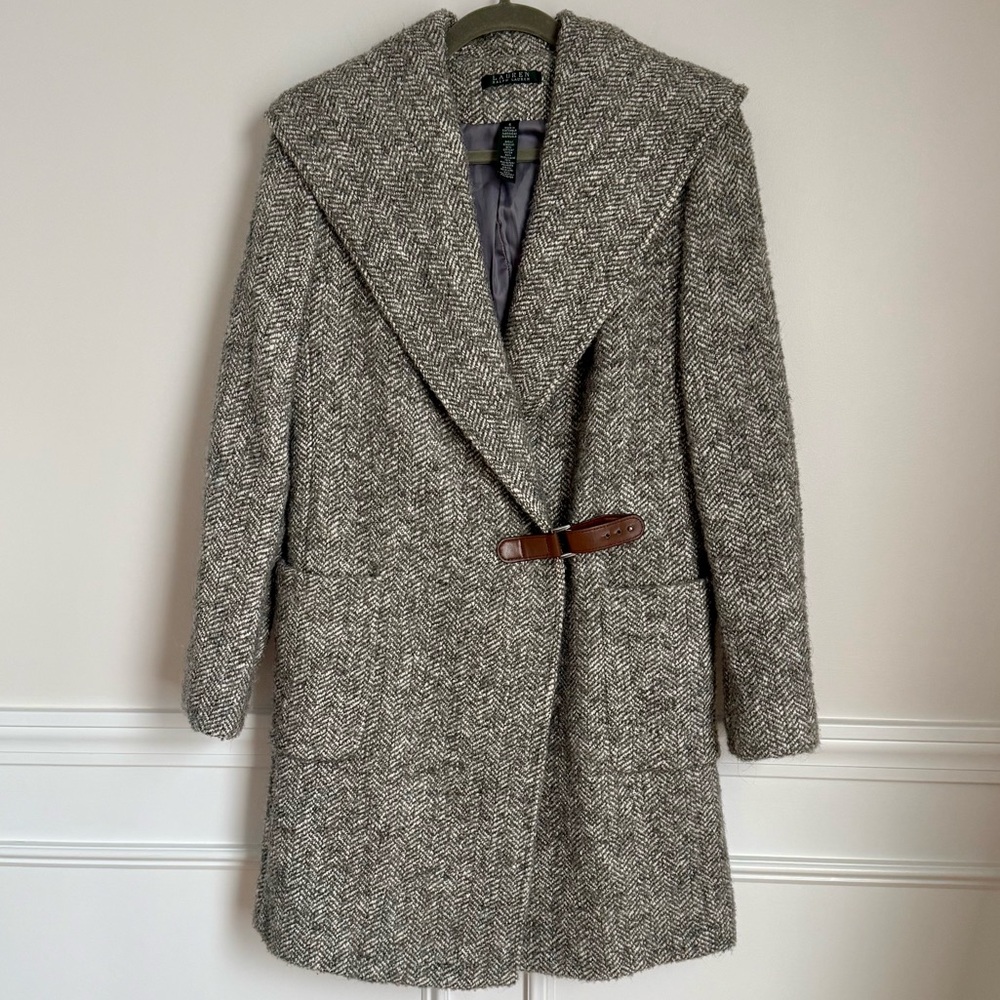 Lauren Ralph Lauren Gray Herringbone Hooded Coat